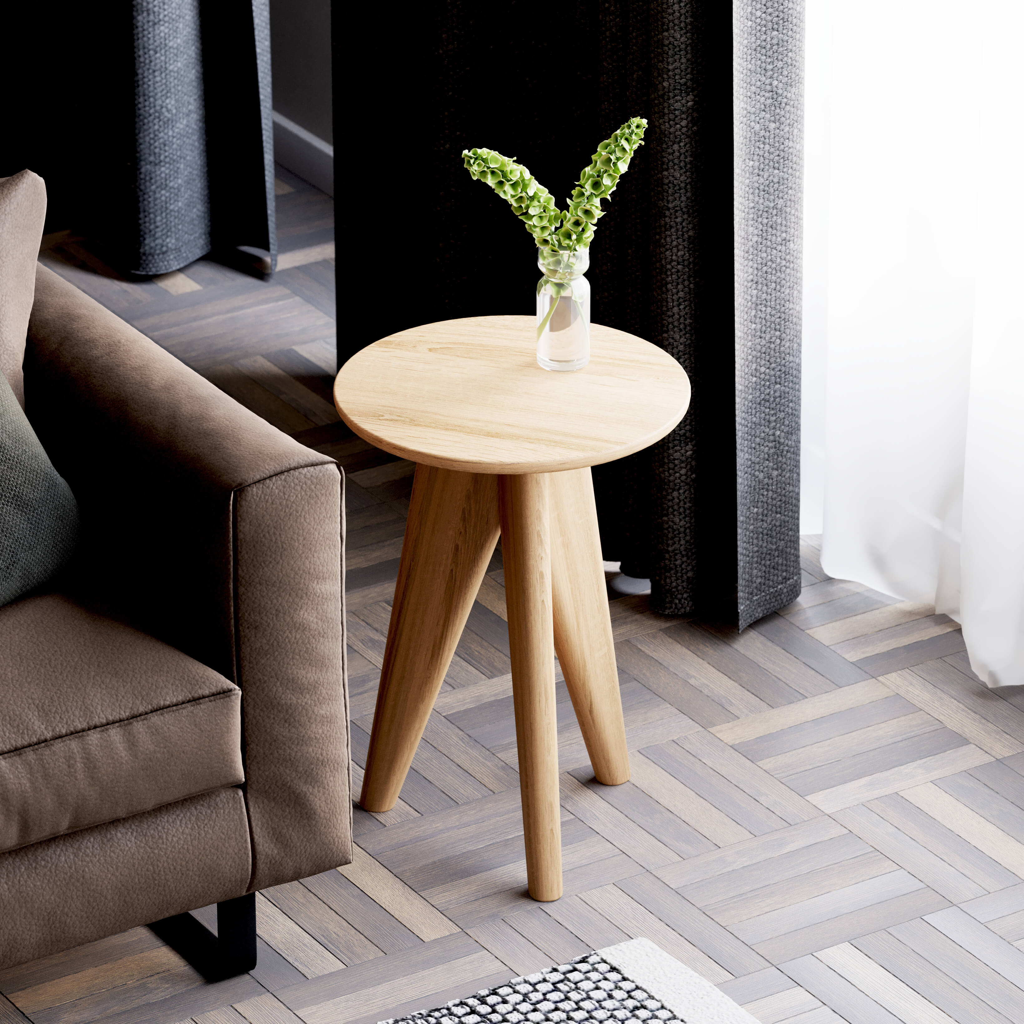 Solid oak side table used as a bedside or sofa table in modern interior