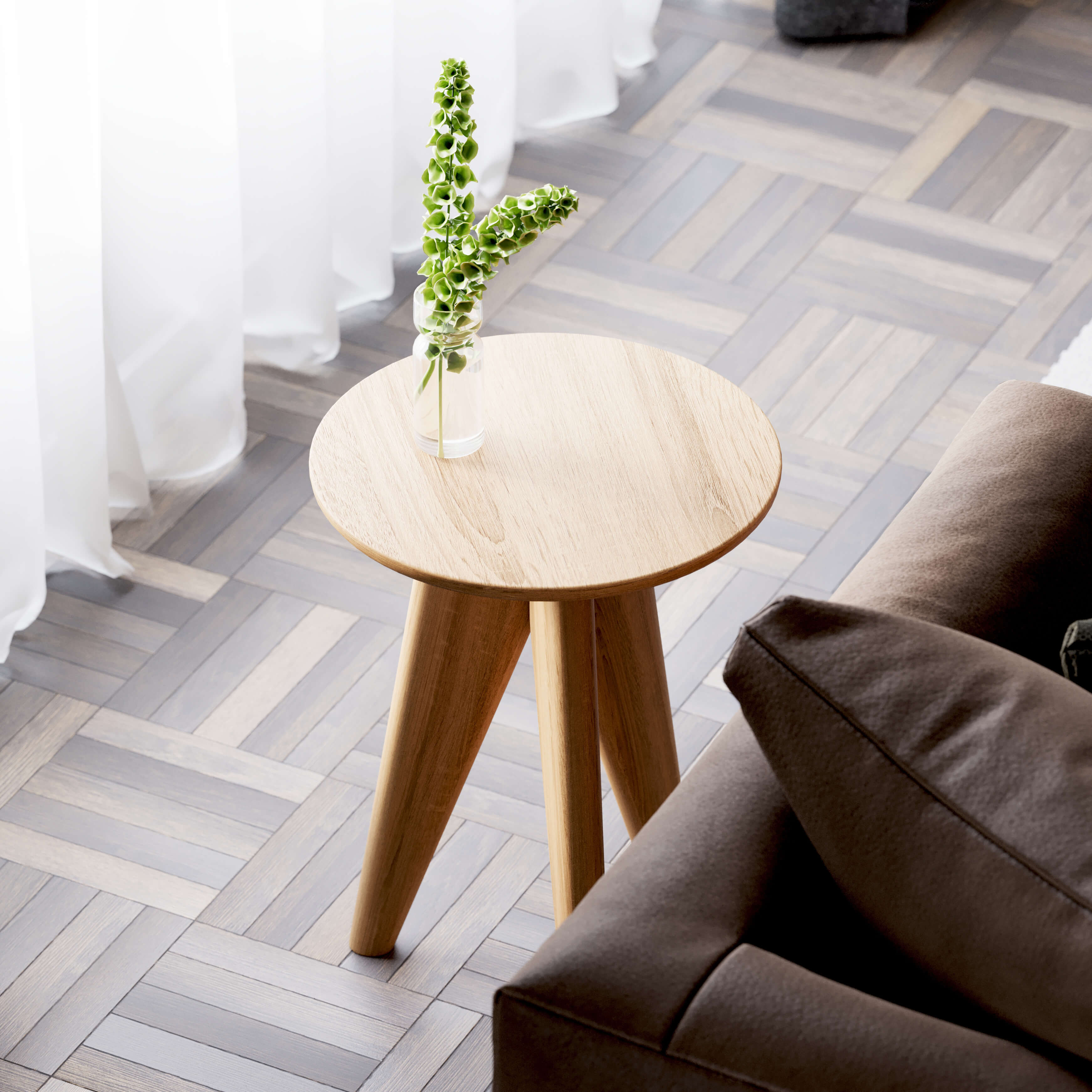 Close-up of solid oak wood texture on handcrafted side table