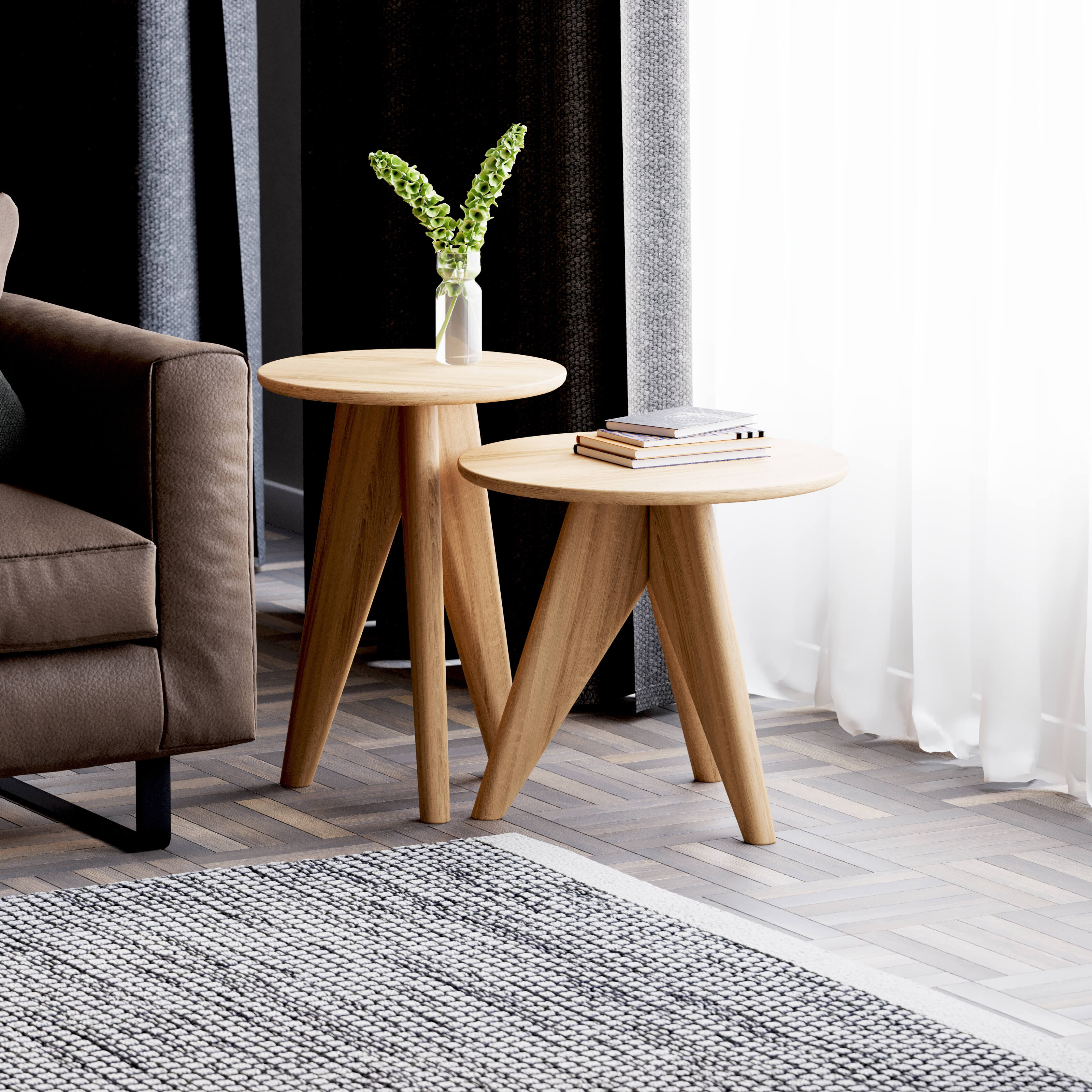 Compact oak side table next to lounge chair – functional and stylish