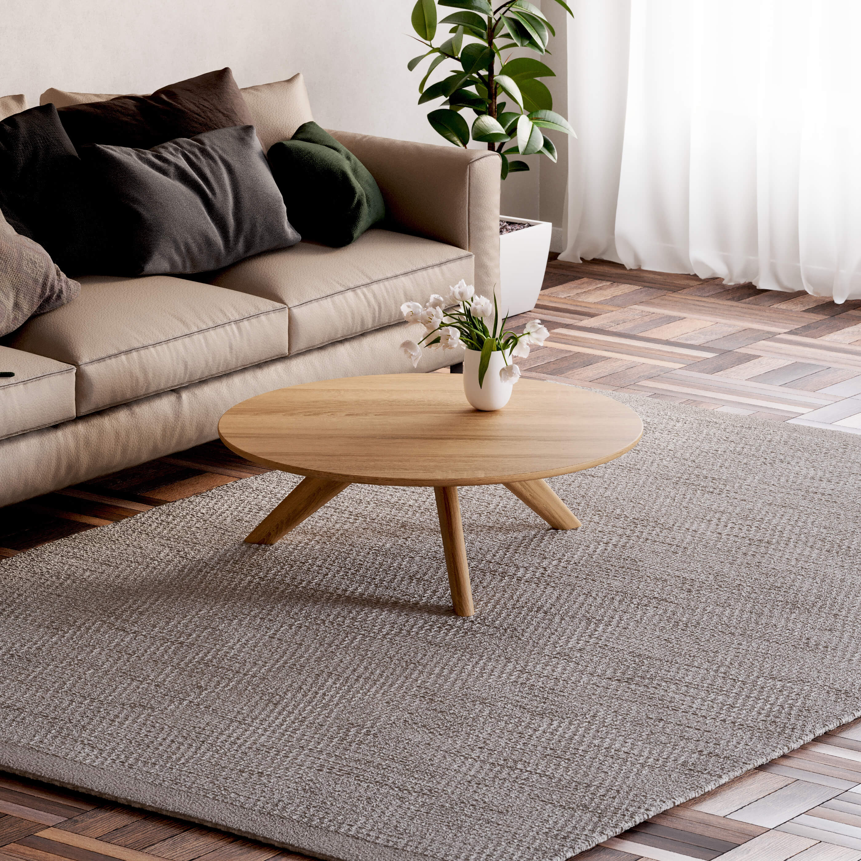 The York solid oak coffee table styled in a modern living room