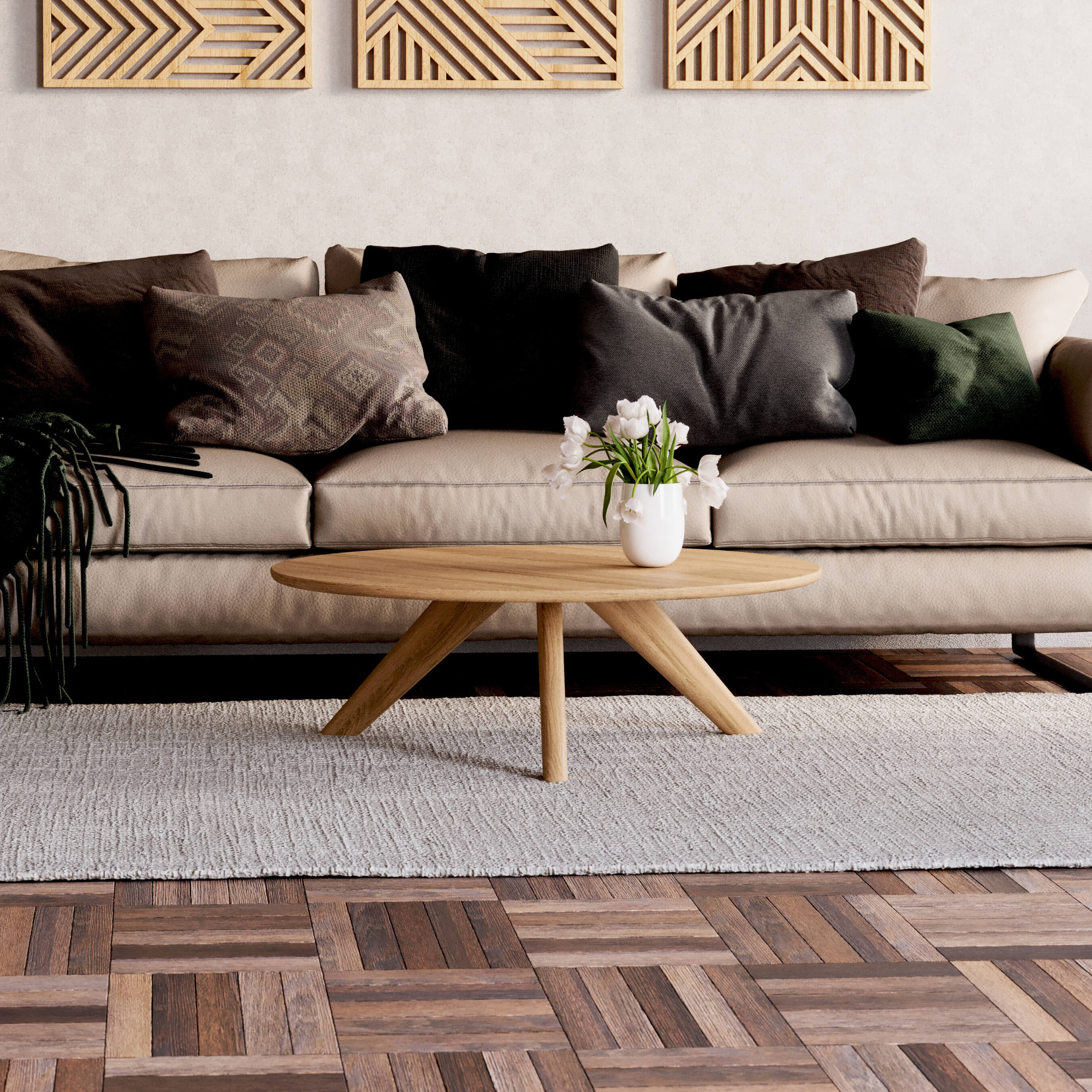 The York solid oak coffee table styled in a modern living room